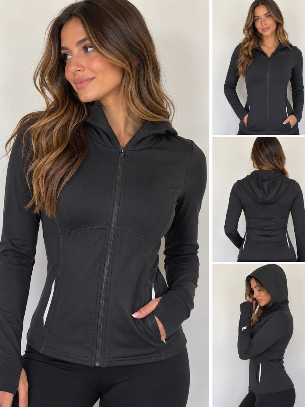 Fabletics Black Full-Zip Hooded Jacket